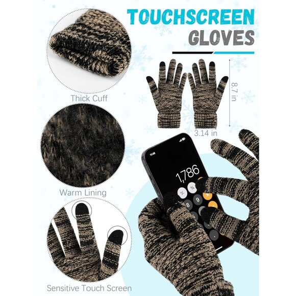 Women’s Beige black Knit Beanie Hat, Gloves, Scarf & Ear Warmer Set - Winter - Picture 3 of 6